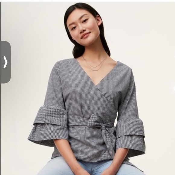 LOFT Black and White Gingham Wrap Blouse - Picture 1 of 6